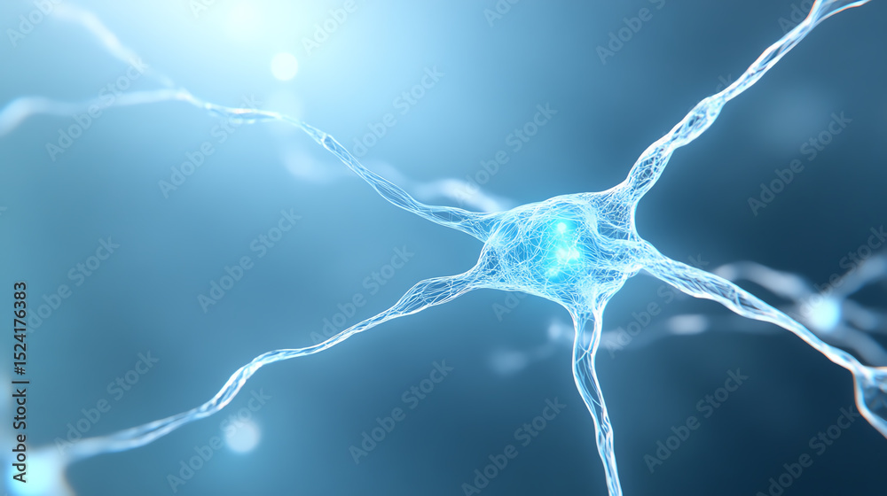 Poster Close-up of a neuron with branching dendrites, depicting neural connections and signaling in a vibrant, blue-toned environment.
