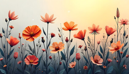 Monochrome silhouette illustration of various flower and plant species layered into a repeating pattern