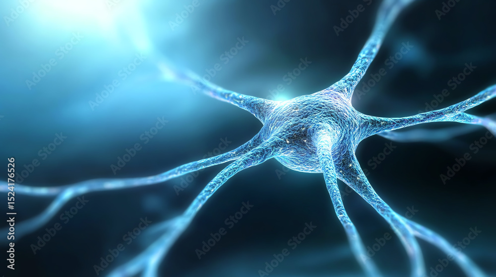 Poster Close-up view of a neuron illustrating the intricate structure and connection points, showcasing the beauty of biological science.