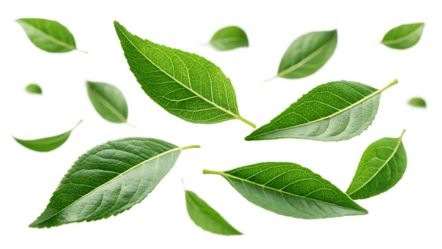  flying fresh green curry leaves with natural on white background PNG