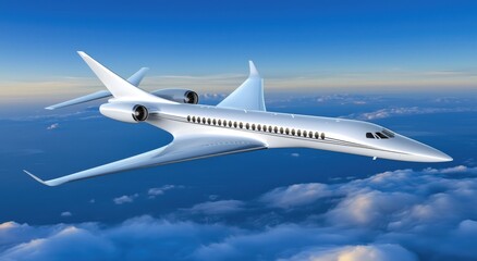 Fototapeta premium Sleek, silver jet soars above clouds