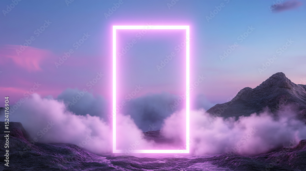Aufkleber Futuristic portal in serene landscape. Bright purple glow emanates from a rectangular frame over mountain mist at sunset.