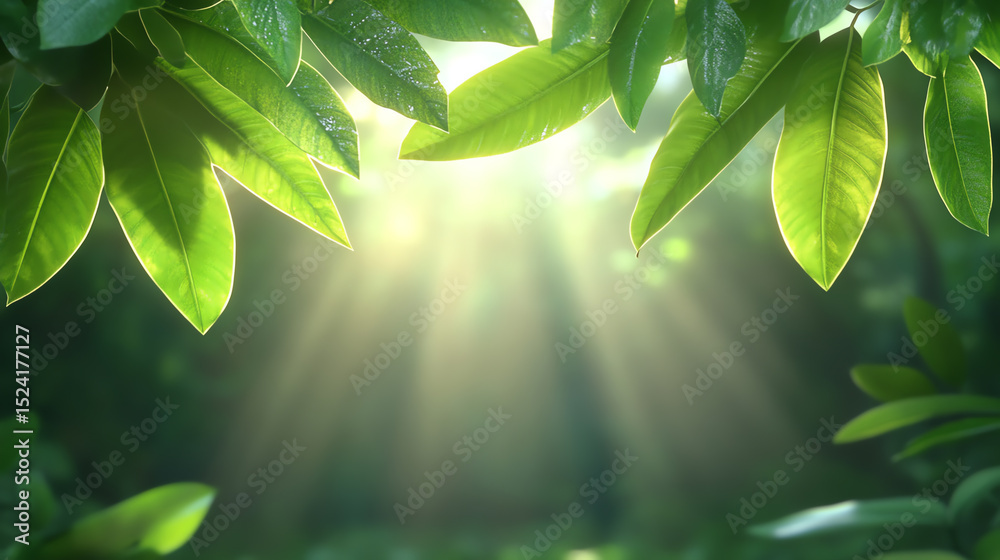 Poster sunlight filtering through lush green leaves, creating a serene and peaceful atmosphere in a vibrant
