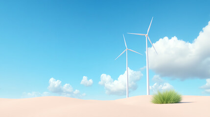 Fototapeta premium Wind turbines stand tall against a clear blue sky, symbolizing sustainable energy and harmony with nature in a serene landscape.