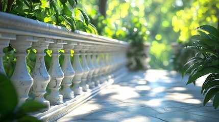 Tranquil marble balustrade in a lush garden setting.