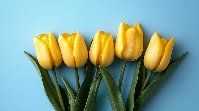 Four vibrant yellow tulips on a light blue background.