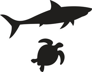 Ocean Wildlife Silhouettes Shark and Sea Turtle Vector Art