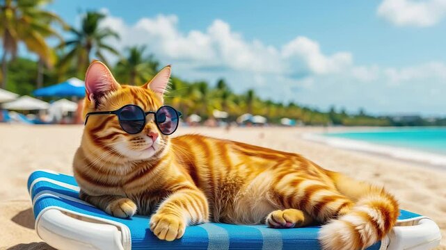 Relaxed ginger cat lounging on a beach chair on a sunny shore. Orange kitten wearing sunglasses, enjoys a beach leisure on a tropical paradise, surrounded by palm trees, creating a vacation vibe