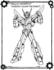 Printable coloring page featuring a detailed robot character in a bold outline style. Fun STEM-themed activity for kids and classrooms.	