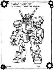 Printable coloring page featuring a detailed robot character in a bold outline style. Fun STEM-themed activity for kids and classrooms.	