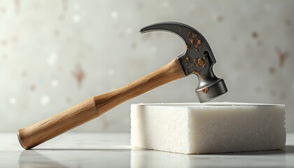 Rusty hammer with battered wooden handle resting on white block  