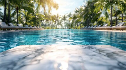 Fototapeta premium Tropical paradise pool oasis with sunlit palm trees.