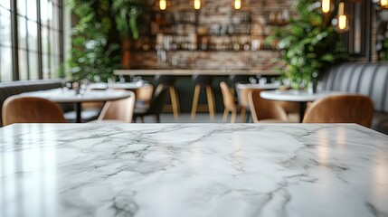 Modern restaurant interior with a marble table top.