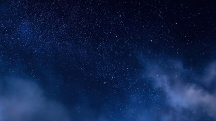 Fototapeta premium Serene Night Sky with Stars and Blue Cloudy Background – Ethereal Cosmic Glow, Deep Azure Hues, Gentle Cloud Veils, Starry Nightscape Aesthetics