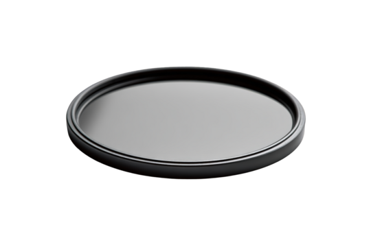 Professional black camera lens filter close up studio shot product photography circular accessory design element isolated on on transparent background