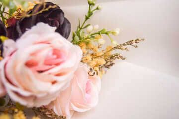 soft white and pink flower bouquet background, for design, banner, greeting card, copy space