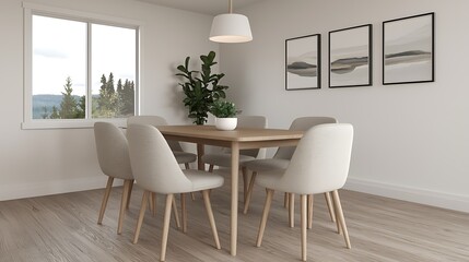 Fototapeta premium Bright dining room interior design featuring modern furniture, a wooden table, stylish chairs, and natural light ambiance.