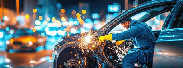 Nighttime car repair scene. Sparks fly as a worker repairs a damaged vehicle on a city street