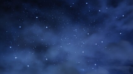 Naklejka premium Serene Night Sky with Stars and Blue Cloudy Background – Ethereal Cosmic Glow, Deep Azure Hues, Gentle Cloud Veils, Starry Nightscape Aesthetics