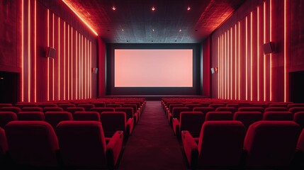 Fototapeta premium Modern movie theater interior with vibrant red lighting.