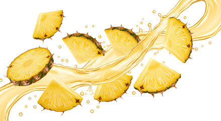Naklejka premium pineapple slices falling down with pineapple juice PNG. Fresh and organic pineapple juice with pineapple fruit slices flying isolated. Vegan vegetarian pineapples flying png. pineapples isolated