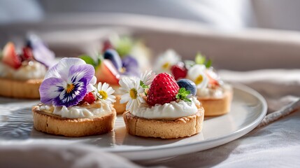 Chic floral dessert platter, chamomile-infused tartlets, beige linens, and natural light