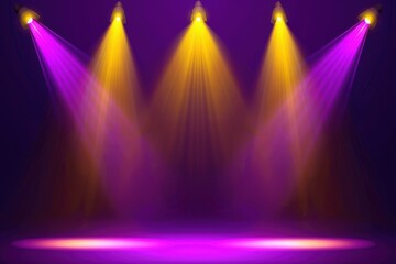 Abstract theatrical lighting features stage spotlights in purple and yellow, a dual tone creating a dramatic effect.