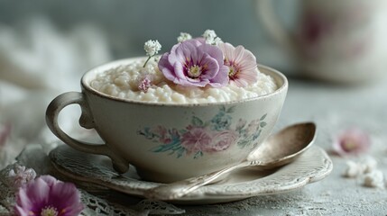Fototapeta premium Delicate floral rice pudding in handmade ceramic bowl, muted background tones