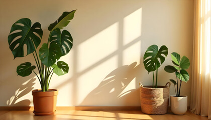Realistic rendering of indoor plants like monstera, fiddle leaf fig, and snake plant in terracotta pots, against a neutral wall