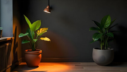 Realistic rendering of indoor plants like monstera, fiddle leaf fig, and snake plant in terracotta pots, against a neutral wall