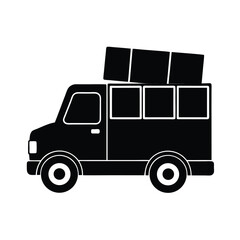 Black and white vector illustration of a retro style campervan loaded with luggage