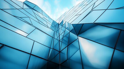 Modern, blue glass facade of a contemporary skyscraper.