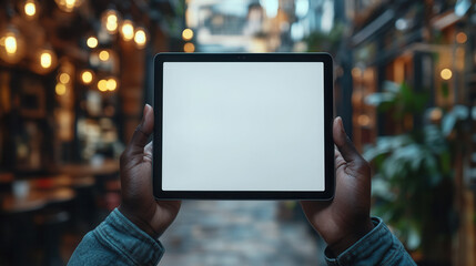  close-up of black hands holding tablet pro with blank screen on white background