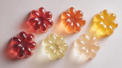 Flat lay of flower-shaped gelatin desserts, isolated neutral background with ample copy space