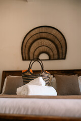 Hotel bedroom interior, Zanzibar Tanzania African decor, mango wood bed