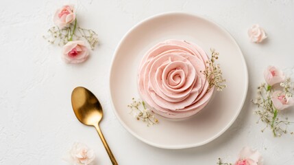 Flat lay of rose-shaped mousse cake, gold spoon, minimalist white backdrop, floral accents