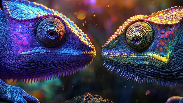 Close-up of two colorful chameleons in a vibrant, surreal setting.