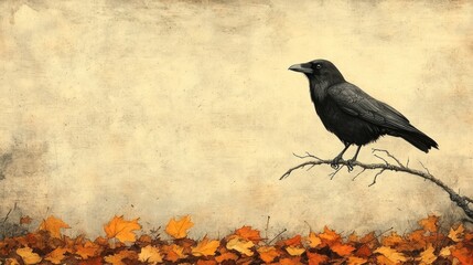 Fototapeta premium Autumnal crow perched on branch, fallen leaves, vintage backdrop
