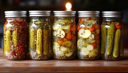 Five Glass Jars of Pickled Vegetables on Wooden Surface