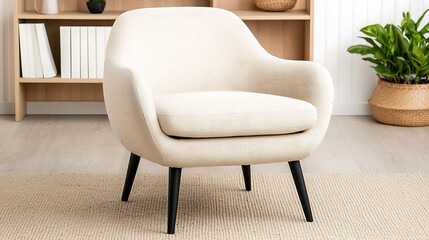 Comfortable cream armchair with black legs in a naturally lit interior, showcasing modern furniture and home decor design elements.