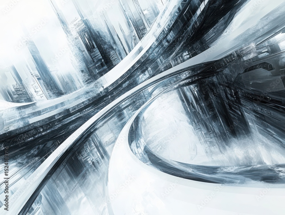 Poster futuristic abstract architecture with curving structures and complex geometric patterns in blue and 