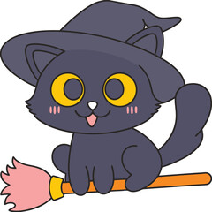 Naklejka premium Cute Black Cat Witch Flying on a Broomstick Halloween Illustration