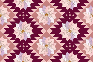 Fototapeta premium Floral southwestern rug design in pink and maroon hues, featuring geometric star patterns for cozy boho interiors, bedroom decor and for clothing.