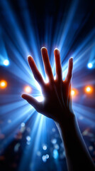 Menschliche Hand greift nach hellem Licht mit dramatischen blauen Lichtstrahlen im Hintergrund - obrazy, fototapety, plakaty