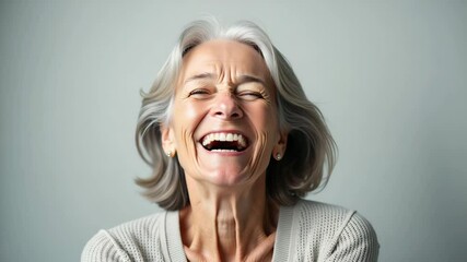Joyful senior woman laughing with eyes closed, expressive portrait of elegant gray-haired lady, symbol of happiness, warmth and vitality - Powered by Adobe