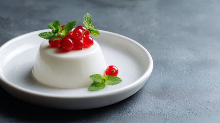 Simple white dish with elderflower panna cotta, minimal styling and copy space