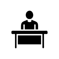 Man sits at a desk, a businessman working on a laptop in an office room, 3d illustration