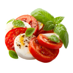 Vibrant caprese salad featuring fresh tomatoes, mozzarella, and basil, isolated on black background.