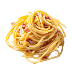 Isolated Portion Of Creamy Carbonara Pasta With Pancetta Sits Enticingly On A Clean White Backdrop