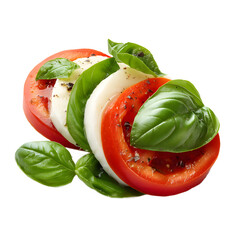 A vibrant Caprese salad glistens, featuring ripe tomato slices, mozzarella, and fresh basil leaves.